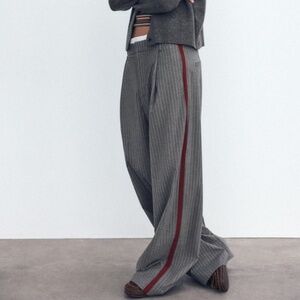 Zara Pinstripe Double Waistband Wide-Leg Trousers with Contrast Side Stripe